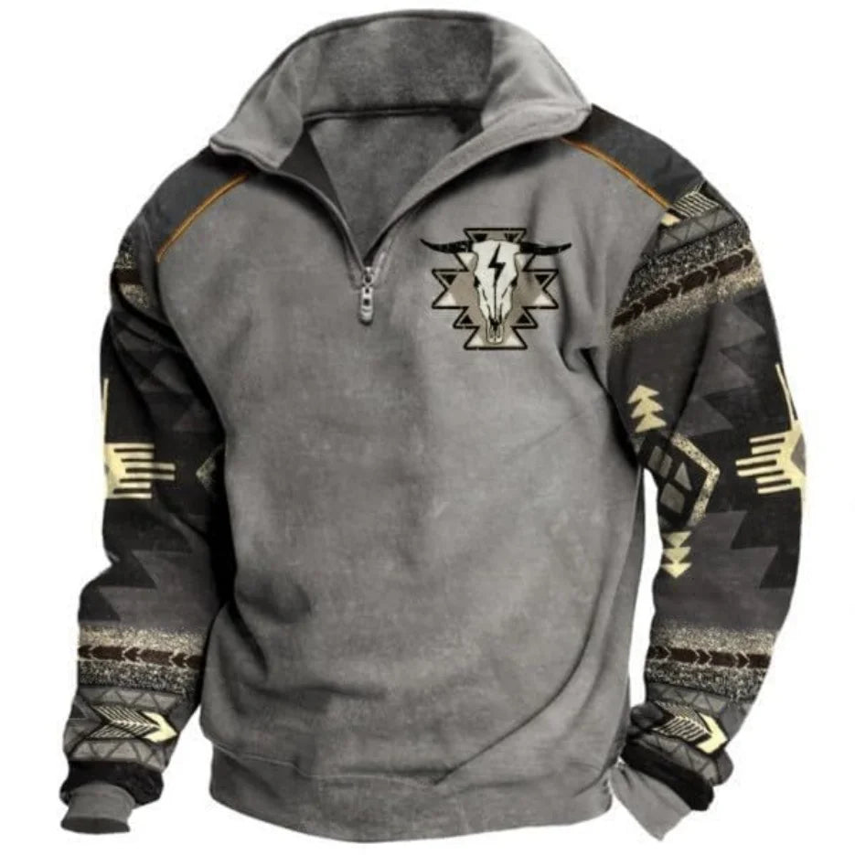 Aztec Cowboy Mens Hoodie Vintage Graphic Western Hoodies for Men Casual Long Sleeve Half Zip Pullover with Pocket Menswear Styli