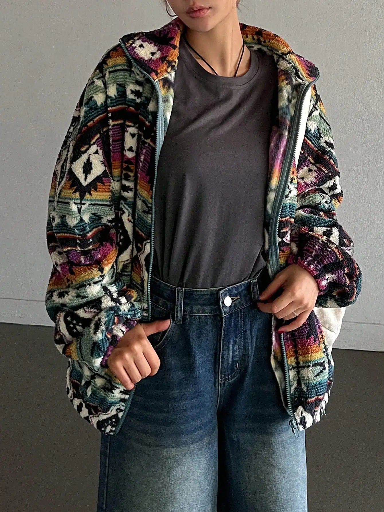 Boho Print Fuzzy Zip-Up Jacket for Women