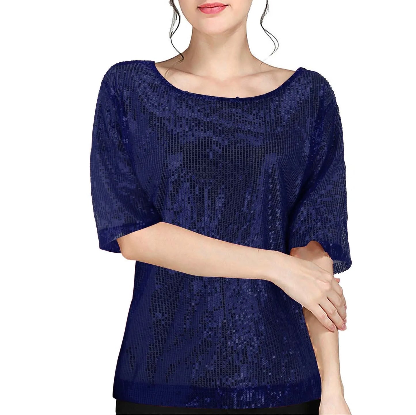 Women's Sequins T Shirts Solid Color Round Neck Shirts Short Sleeve Sparking Blouse Ladies Fashion Casual Party Nightclub Tops