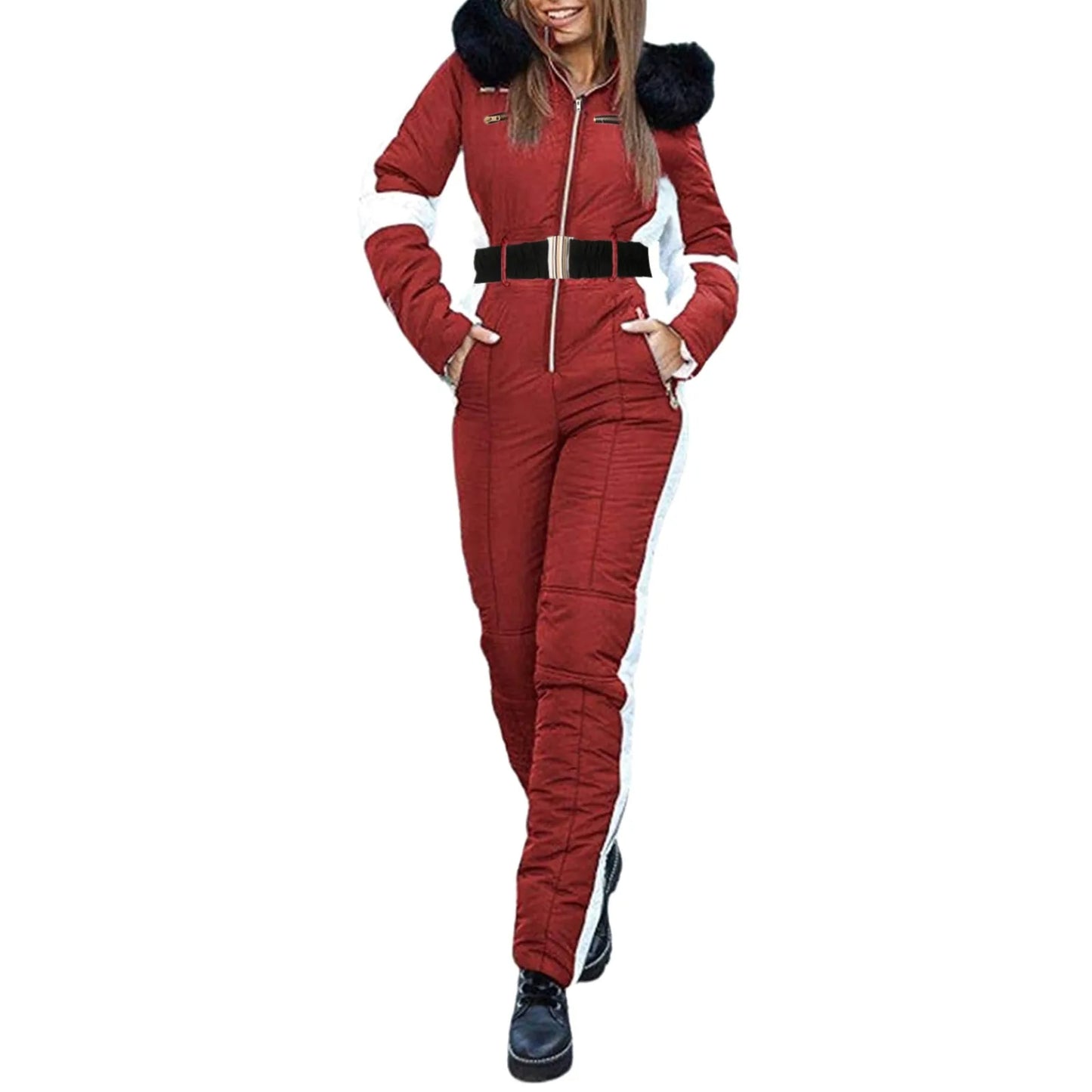 Women One-Piece Ski Suit Winter Snowboard Jumpsuit Waterproof Windproof Thicken Hooded Outdoor Sport Wear For Mountain Hiking