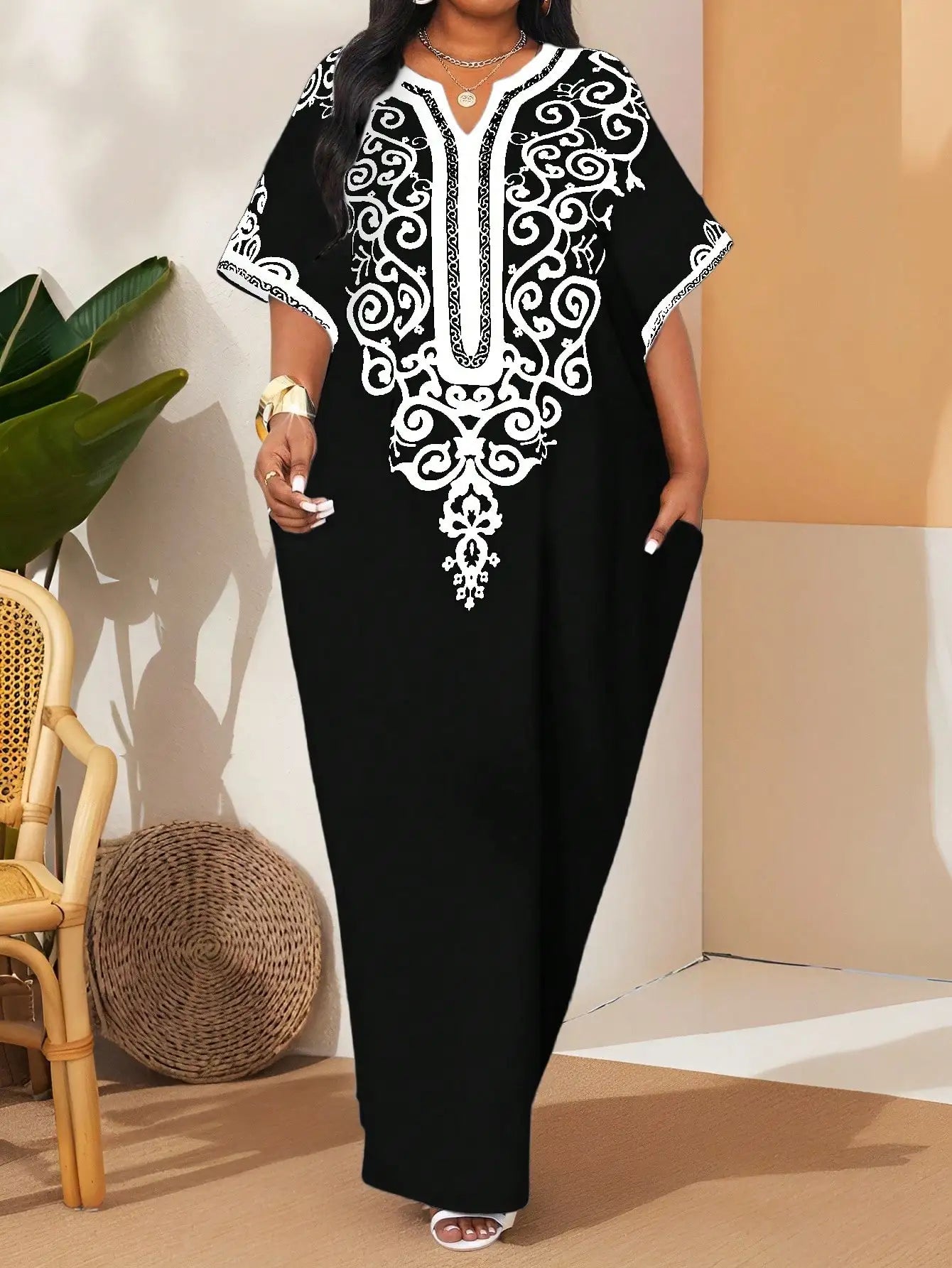 Women's White Kaftan Dress with Black Embroidery