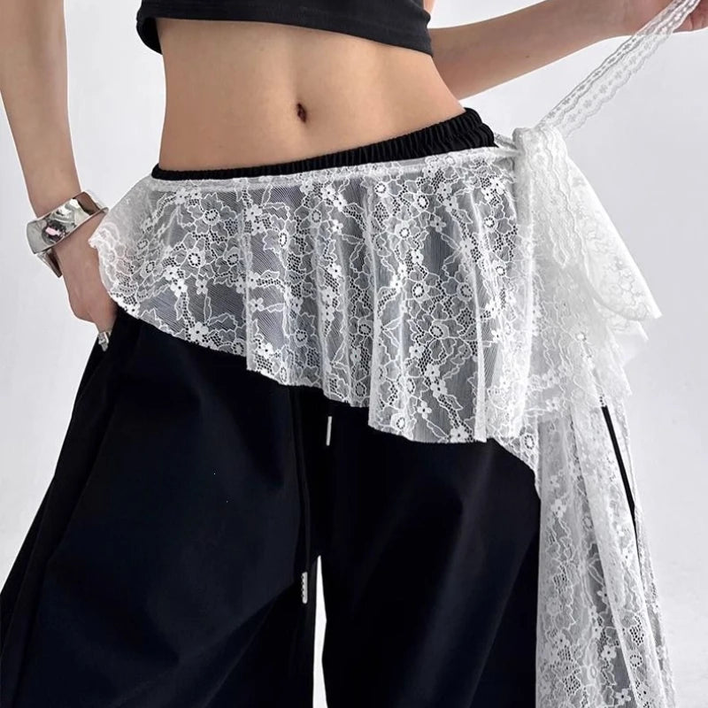 Jeans Pants Decor Embroidered Flower Lace Mini Skirt