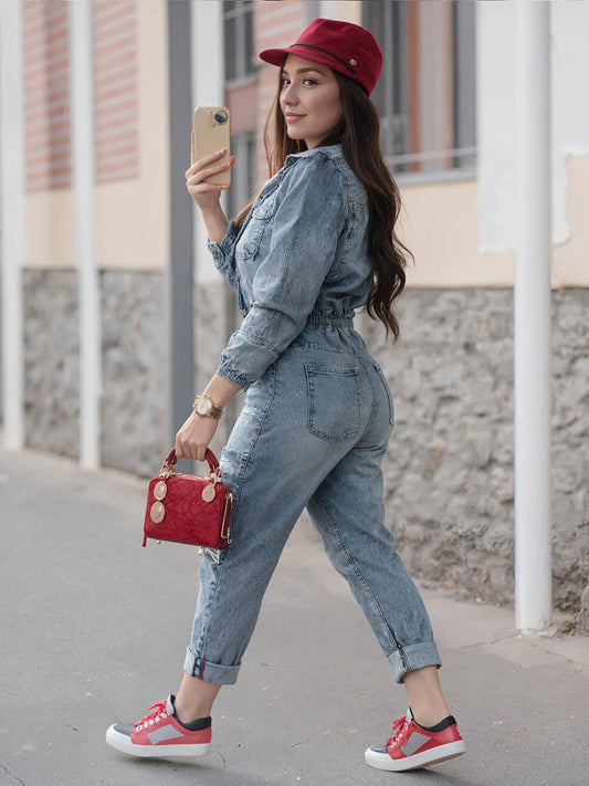 Tight Fitting Denim Workwear, Long Sleeved Jumpsuit