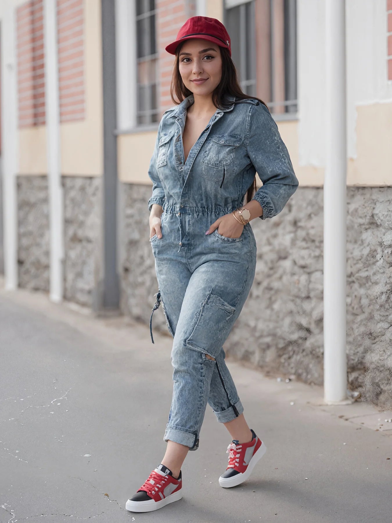 Tight Fitting Denim Workwear, Long Sleeved Jumpsuit