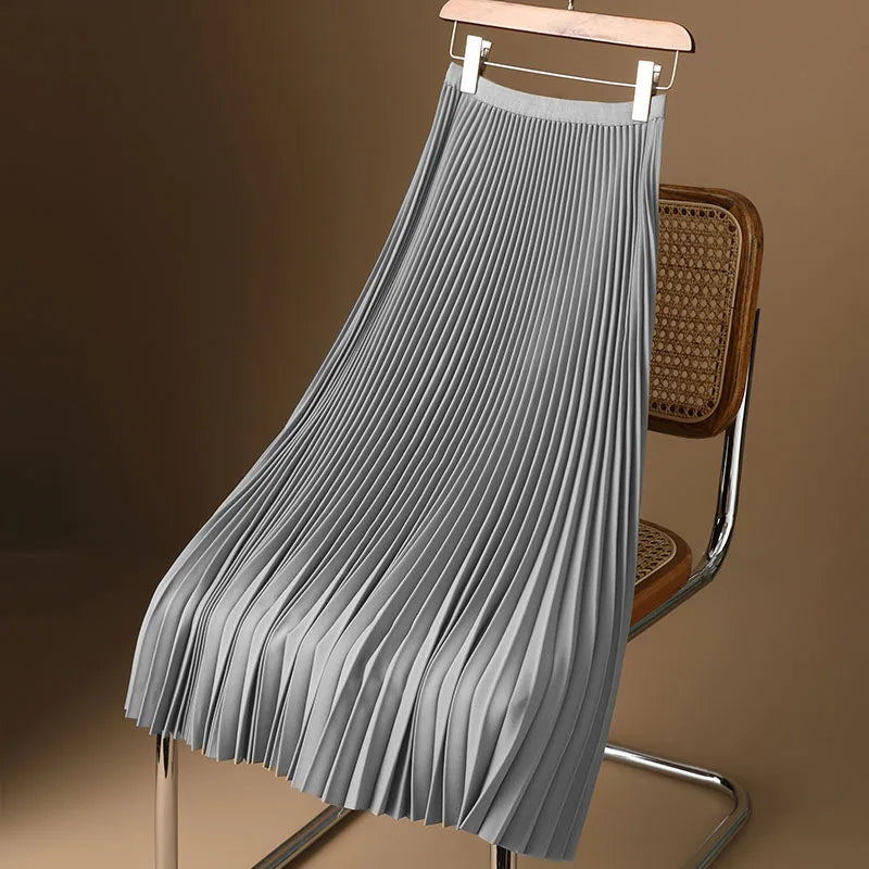 Women Vintage Midi Skirt A-Line Skirt Summer Solid Satin Long Skirts
