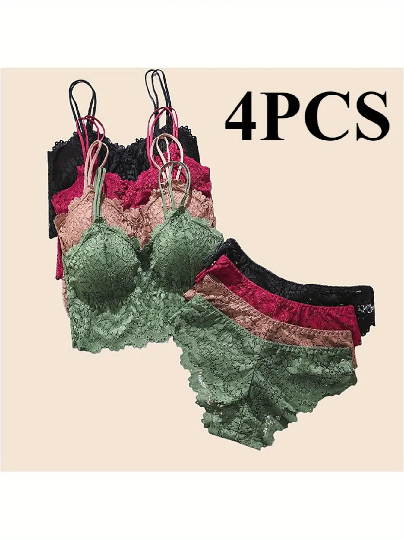 4pcs Women's Lace Breathable & Comfortable Stretchy Lingerie Set