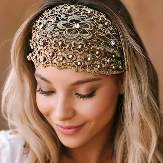 Women's Floral Headband  Beaded Details, Wide Comfortable Hair Bands