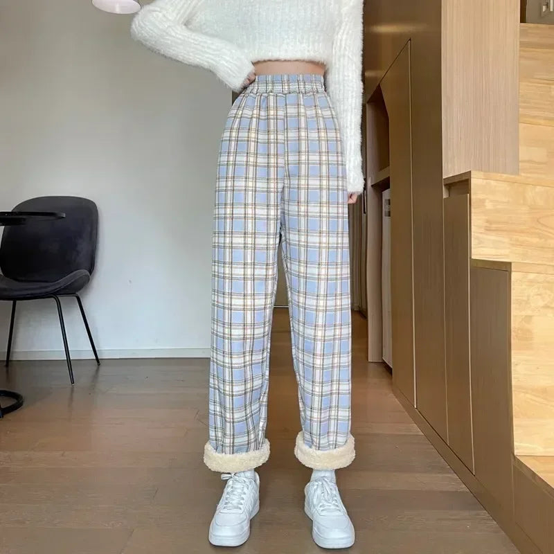 Fashion Warm Plush Pants Cashmere Thick Plaid Ladies Winter Casual