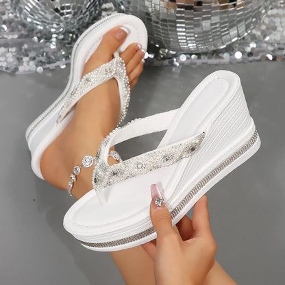 Women'S High Heel Wedge Sandals Platform Fashionable Flip Flops Decoration Rhinestones Popular Among Girls Bohemian Slippers