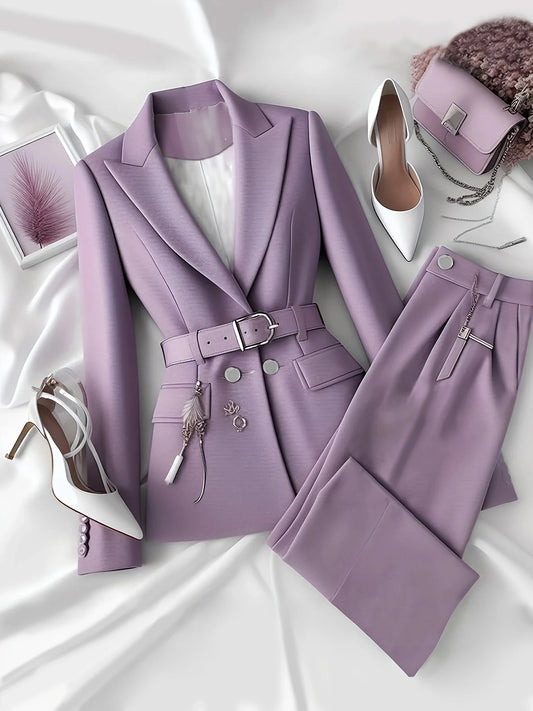 Suit Jacket With Belt And Long Trousers Two-Piece Set