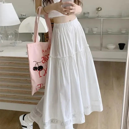 White Lace Splicing High Waist Elastic A- Line Midi Skirt