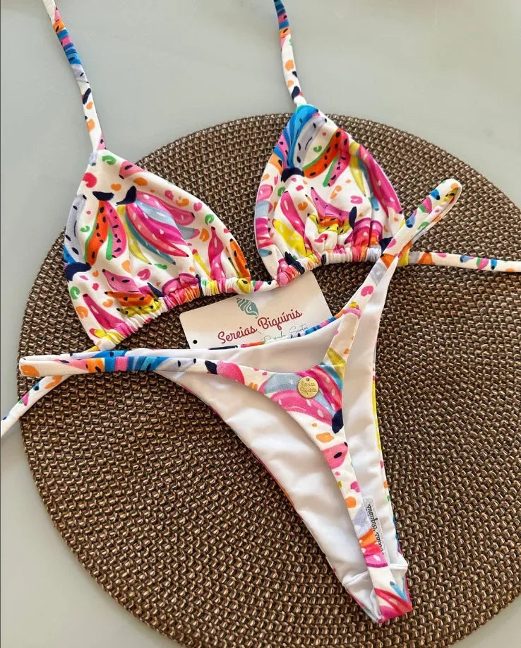 Print Sexy Bikini Sets Halter Lace-up Tops Thongs