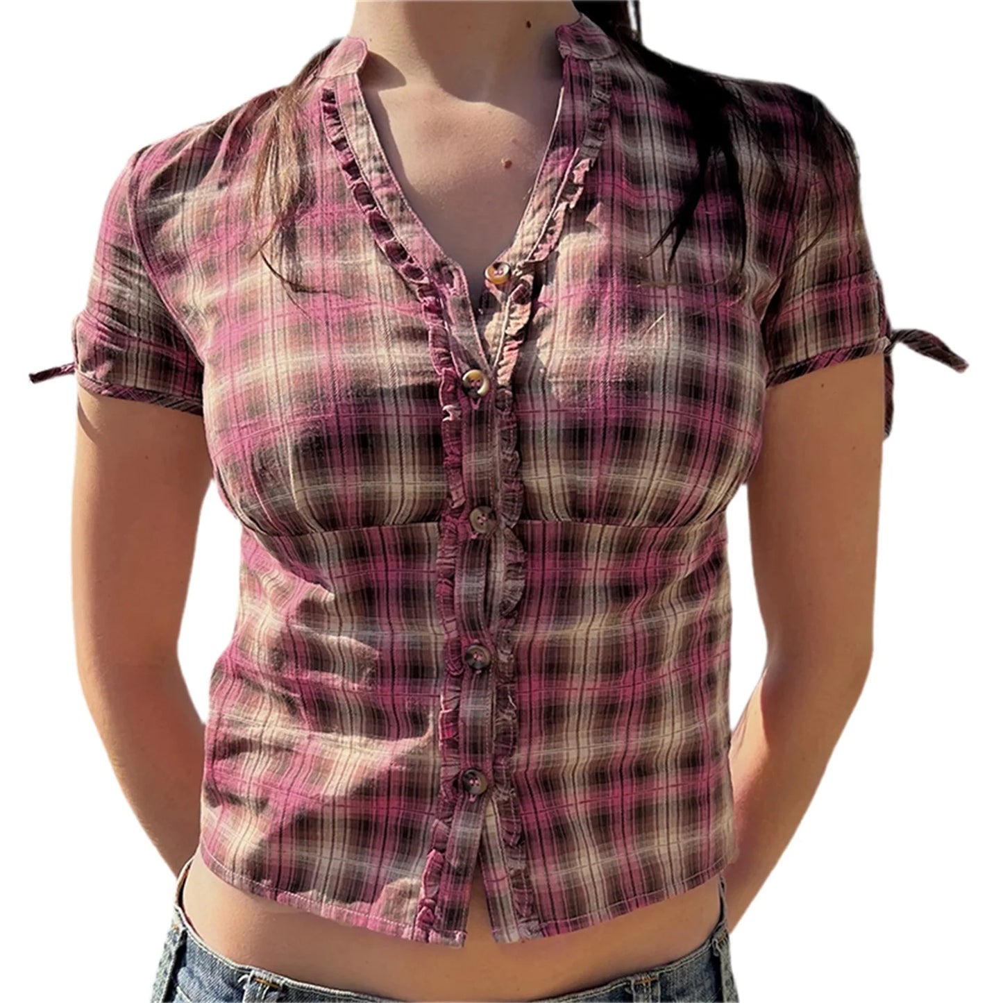 Plaid Print Shirts Short Sleeve V Neck