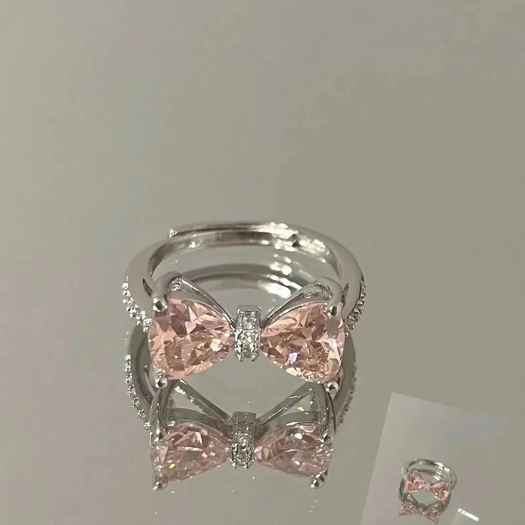 Exquisite Pink Zircon Bowknot Open Ring