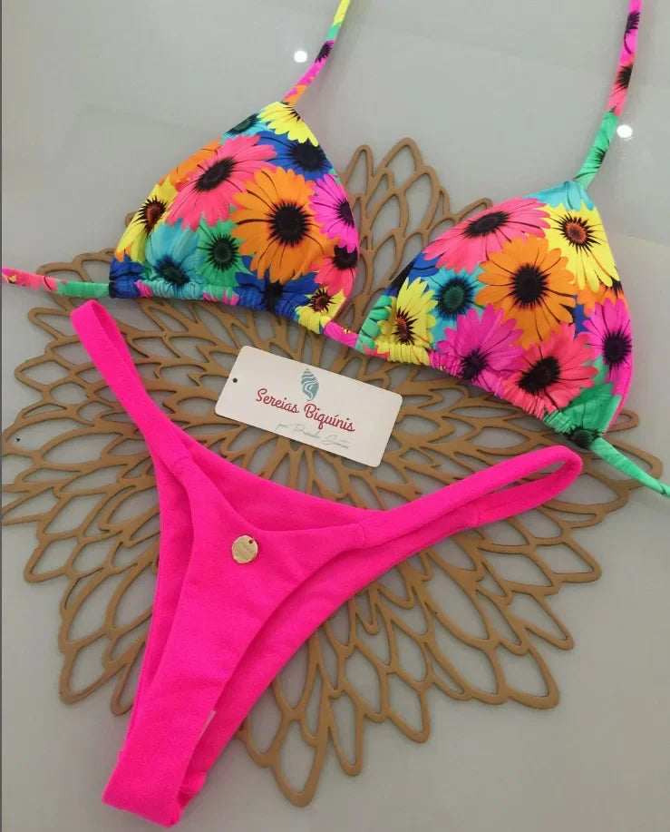 Print Sexy Bikini Sets Halter Lace-up Tops Thongs