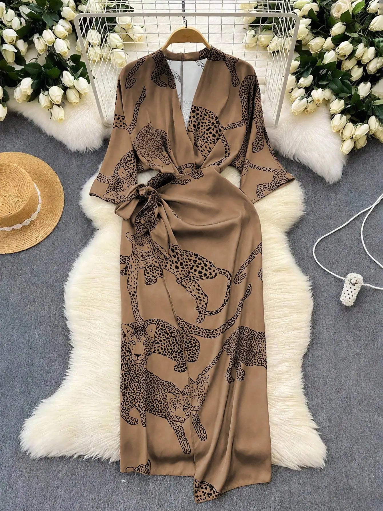 Women's V-Neck Leopard Print Long Sleeve Midi Dress