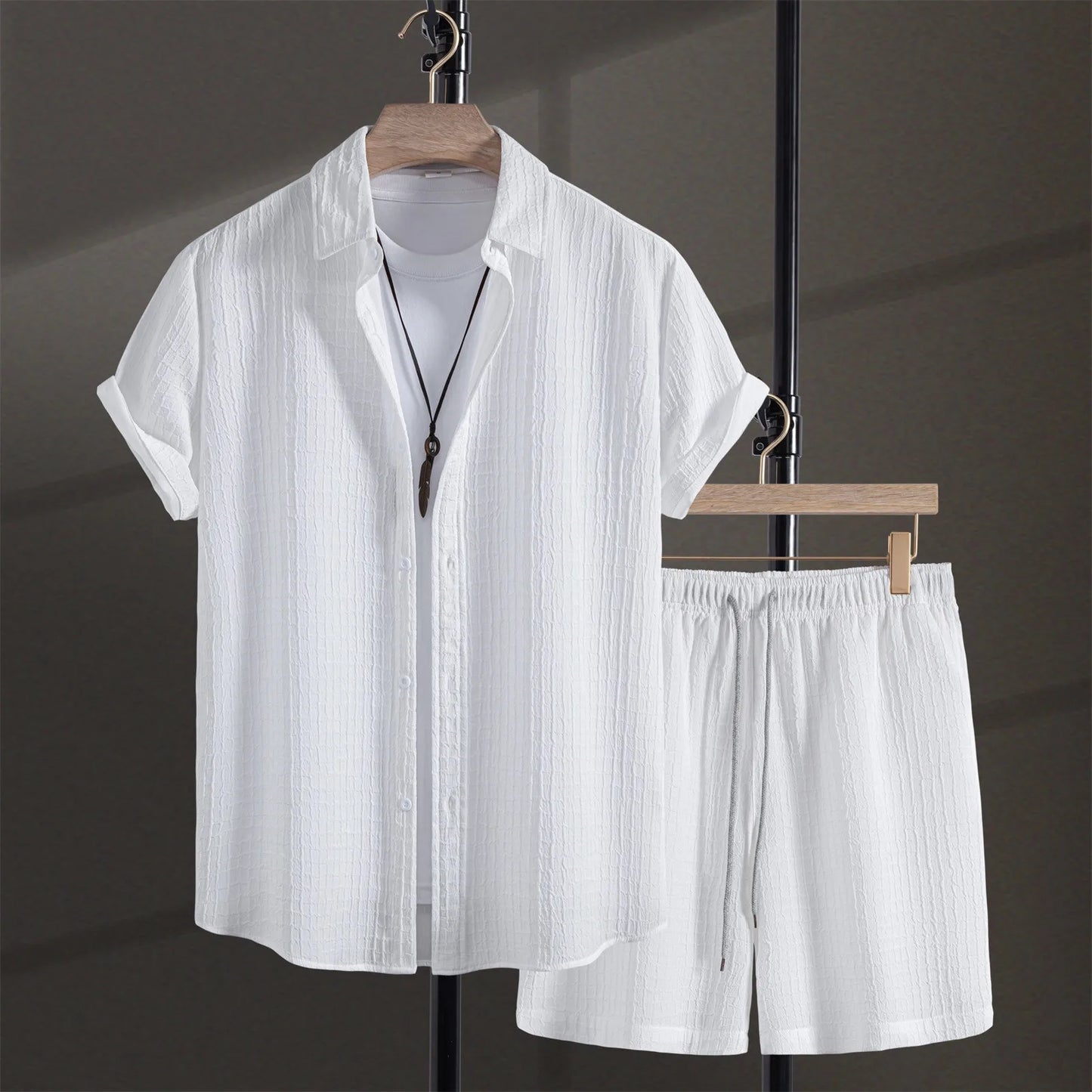 Men Casual Waffle Shirt Suit Two Piece Solid