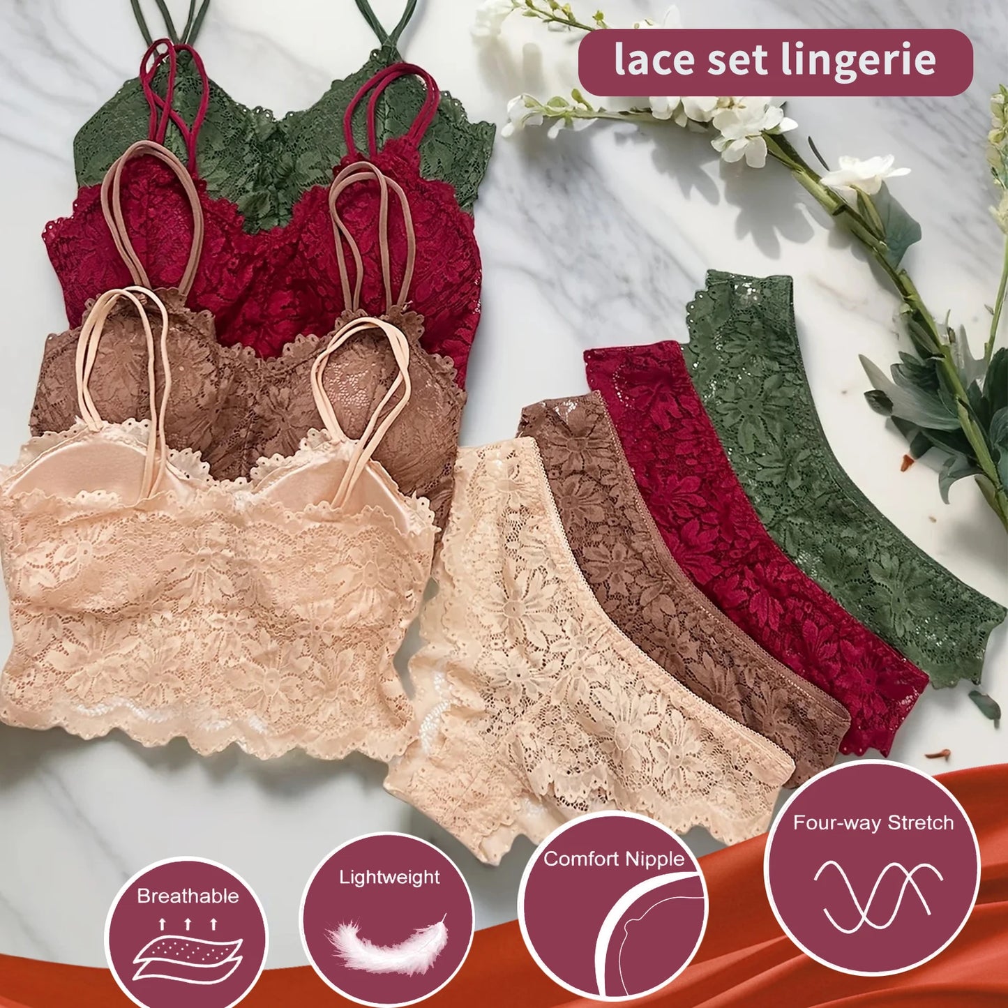 4pcs Woman's Lace Bra Breathable & Comfortable Underwear