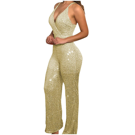 Women One-Piece Sleeveless Deep V-Neck Jumpsuit