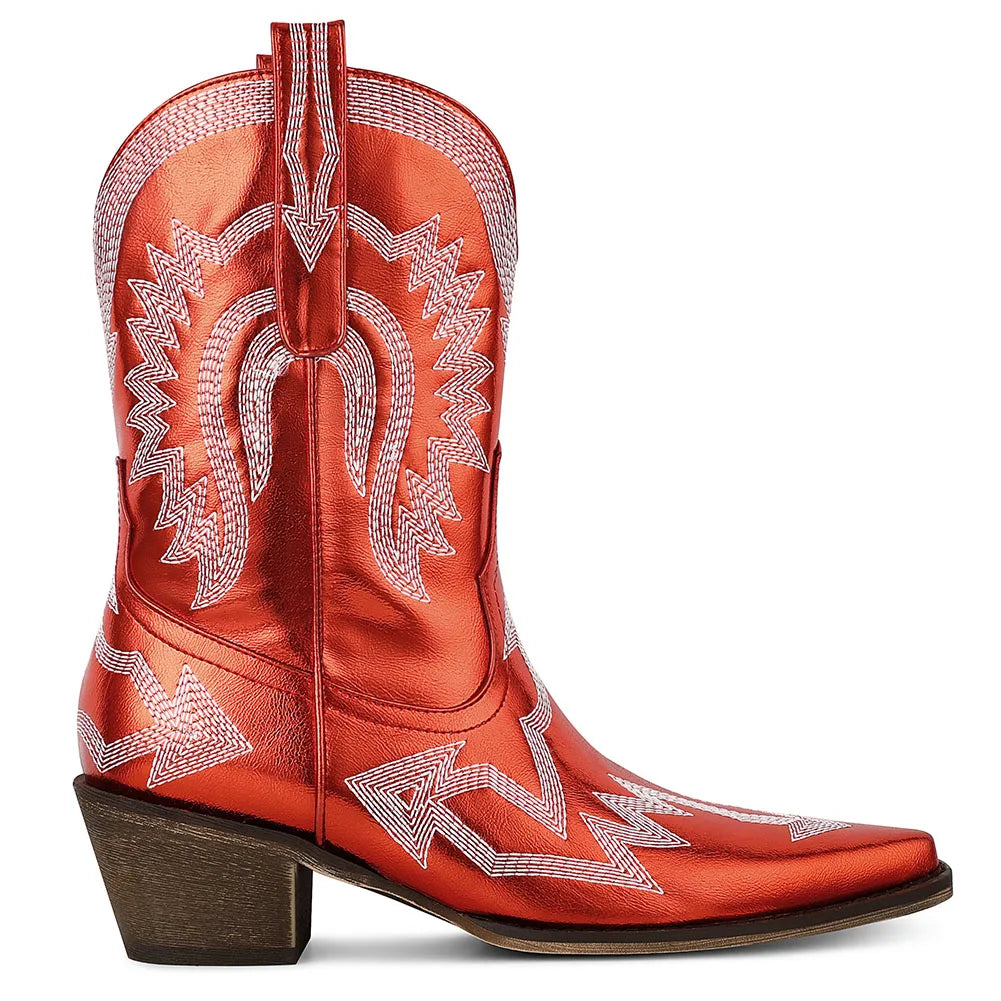 Women's Metallic Cowboy Boots Embroider Pointed Toe