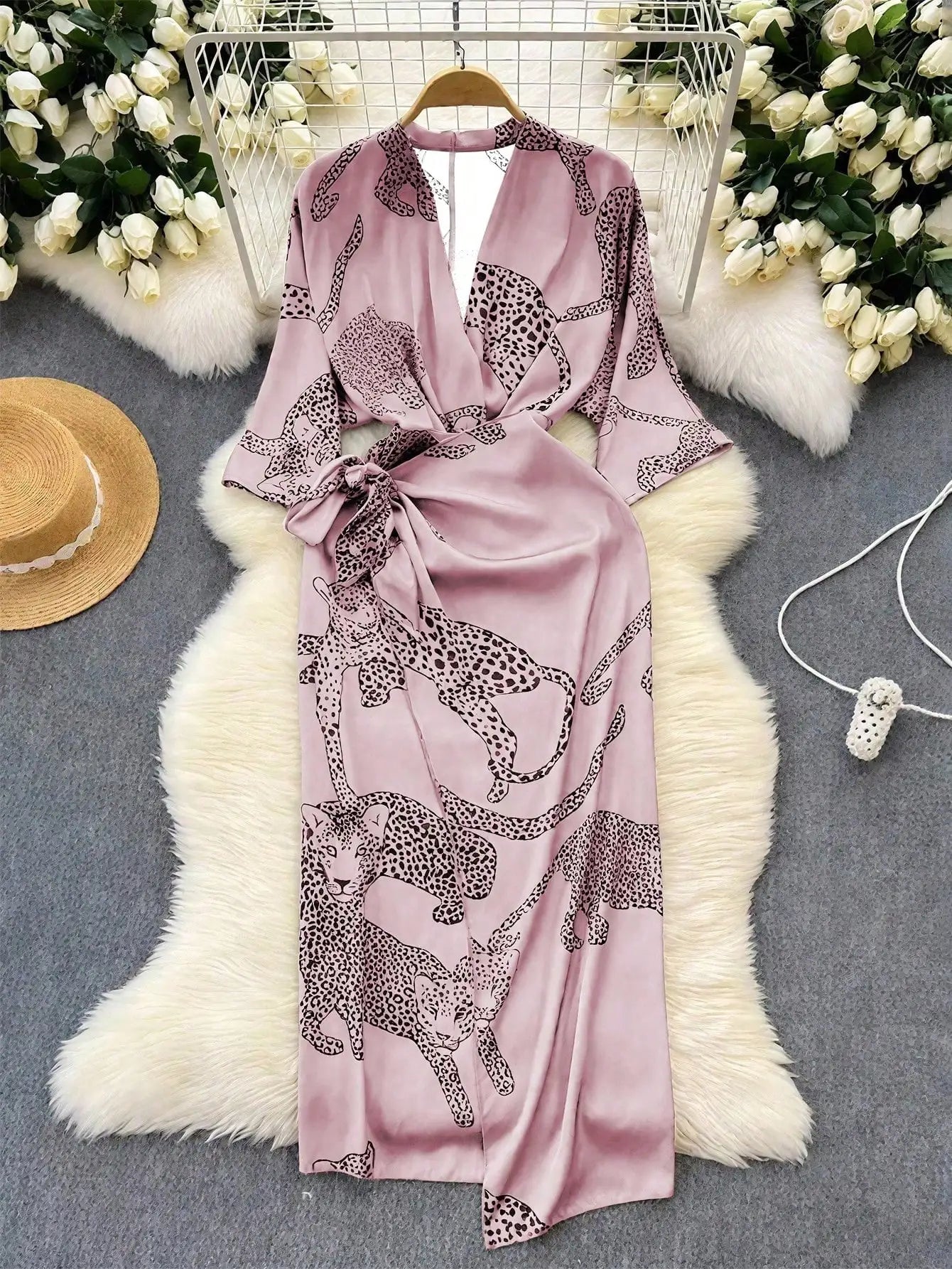 Women's V-Neck Leopard Print Long Sleeve Midi Dress