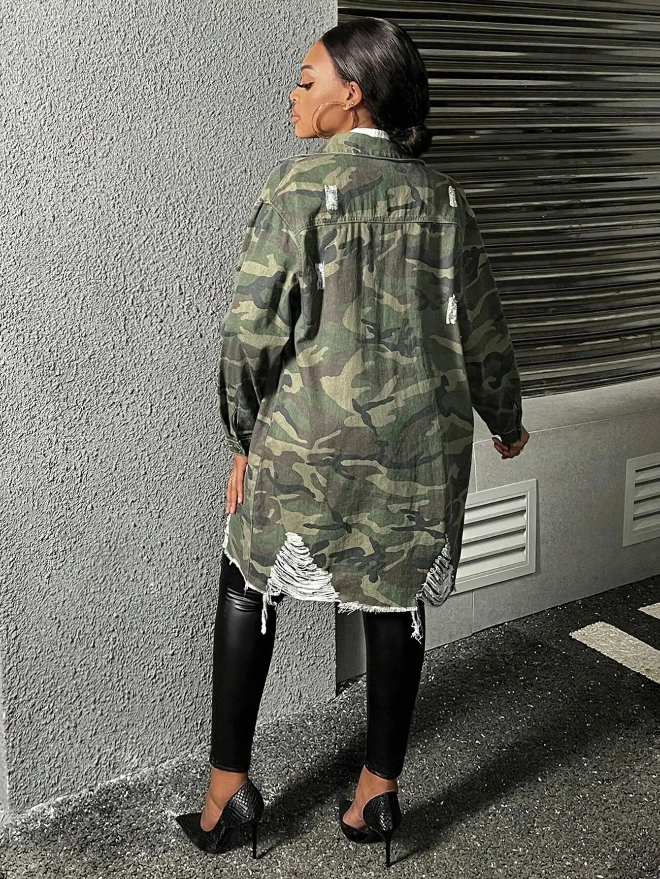 Plus Size Camo Distressed Denim Jacket