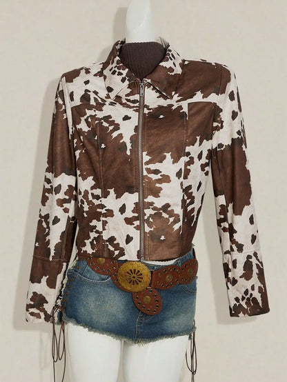 Women's Western Cow Print Zip-Up Jacket