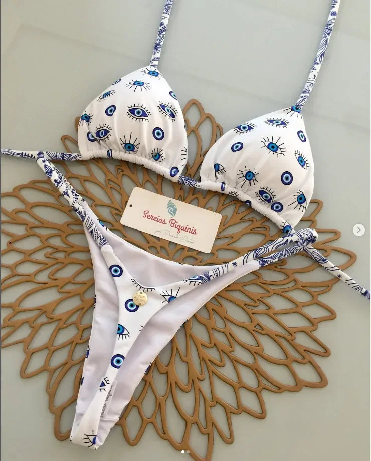 Print Sexy Bikini Sets Halter Lace-up Tops Thongs