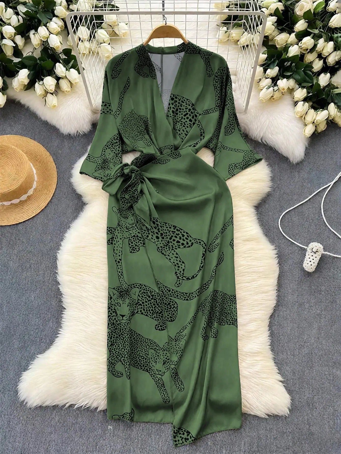 Women's V-Neck Leopard Print Long Sleeve Midi Dress