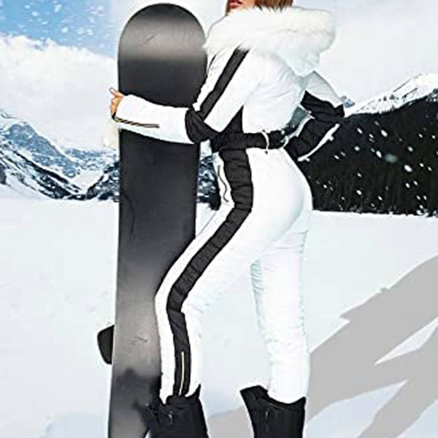 Women One-Piece Ski Suit Winter Snowboard Jumpsuit Waterproof Windproof Thicken Hooded Outdoor Sport Wear For Mountain Hiking