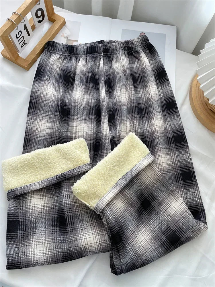 Fashion Warm Plush Pants Cashmere Thick Plaid Ladies Winter Casual