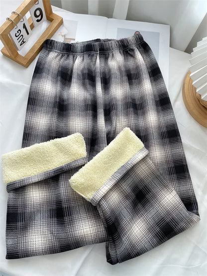 Fashion Warm Plush Pants Cashmere Thick Plaid Ladies Winter Casual