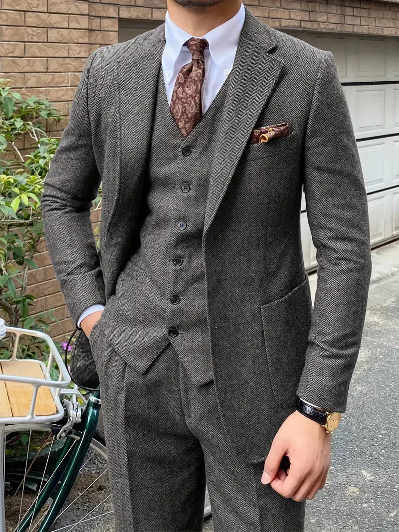 Elegant 3pcs Men's Tweed Suits Wool Blend