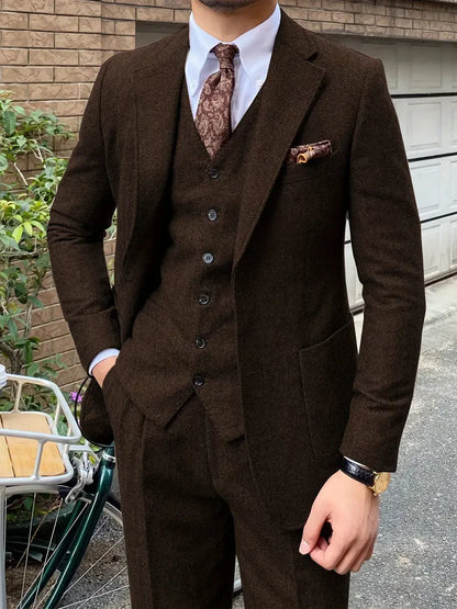 Elegant 3pcs Men's Tweed Suits Wool Blend