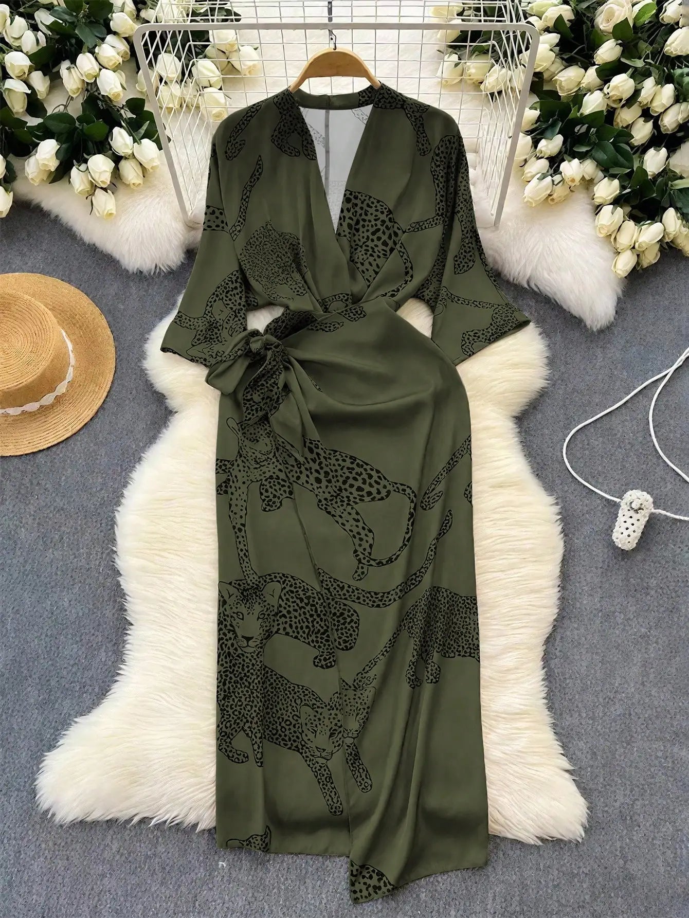 Women's V-Neck Leopard Print Long Sleeve Midi Dress