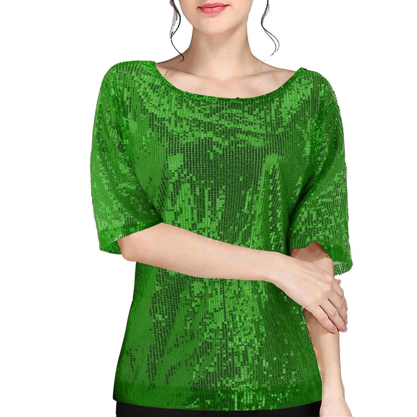 Women's Sequins T Shirts Solid Color Round Neck Shirts Short Sleeve Sparking Blouse Ladies Fashion Casual Party Nightclub Tops