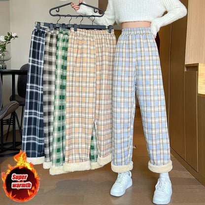 Fashion Warm Plush Pants Cashmere Thick Plaid Ladies Winter Casual