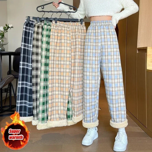 Fashion Warm Plush Pants Cashmere Thick Plaid Ladies Winter Casual