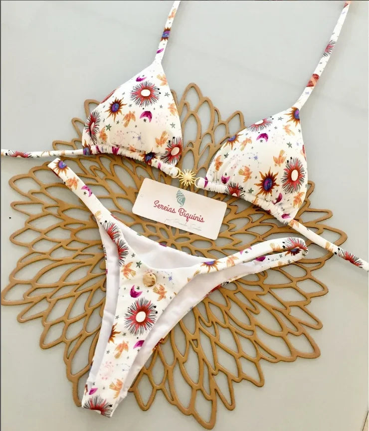 Print Sexy Bikini Sets Halter Lace-up Tops Thongs