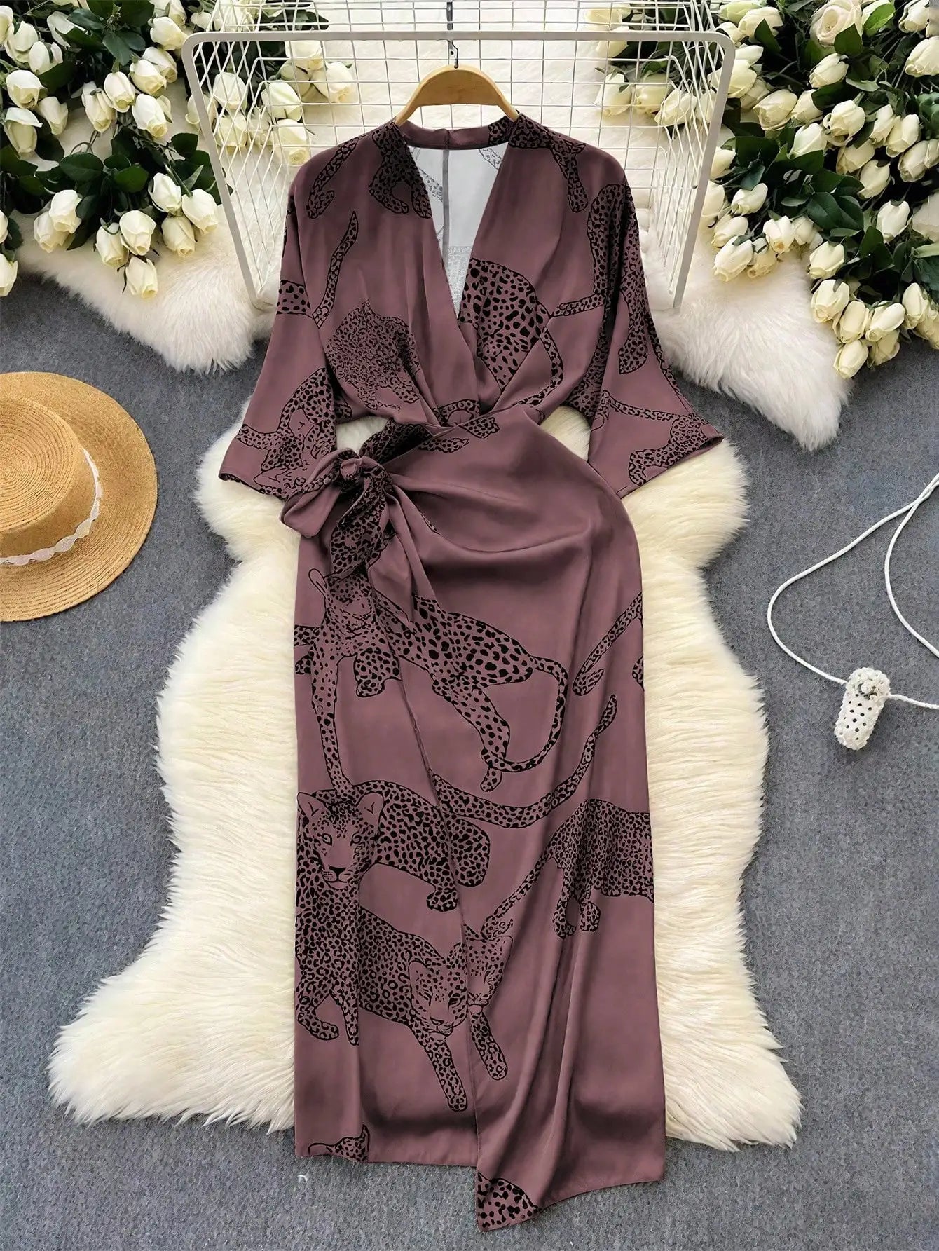 Women's V-Neck Leopard Print Long Sleeve Midi Dress