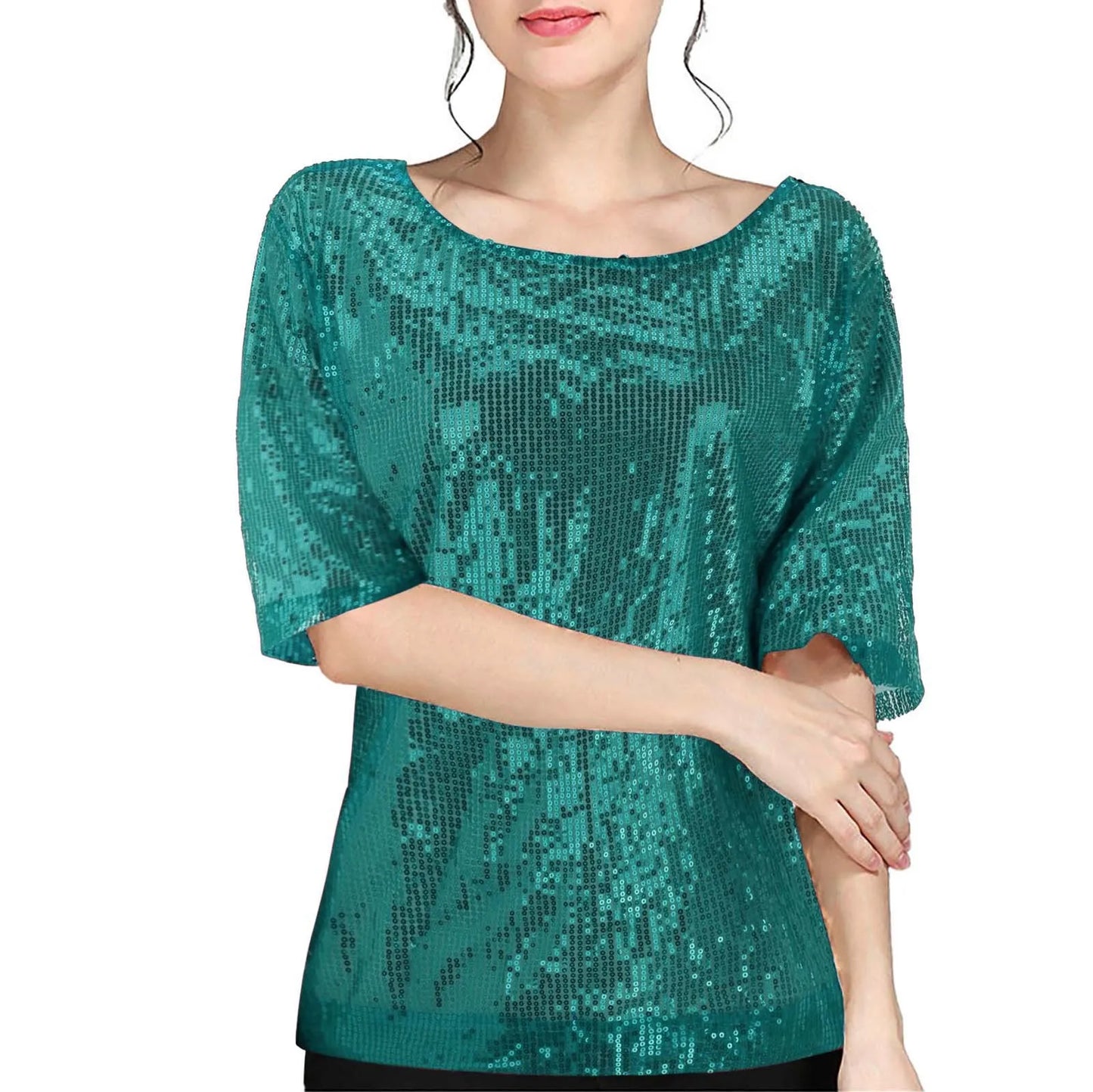 Women's Sequins T Shirts Solid Color Round Neck Shirts Short Sleeve Sparking Blouse Ladies Fashion Casual Party Nightclub Tops
