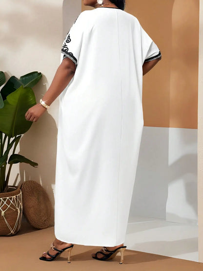Women's White Kaftan Dress with Black Embroidery