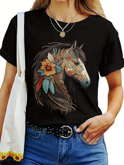 Women's Western Horse Graphic T-Shirt - Stylish Round Neck Tee with Vibrant Floral Horse Design,Perfect for Equestrians,Cowgirls
