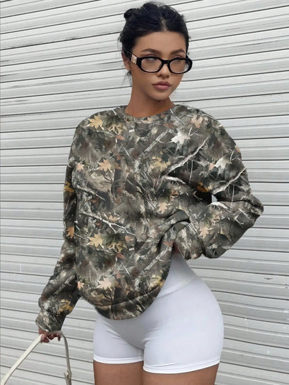 Women's Camo Print Long Sleeve Crewneck Sweatshirt
