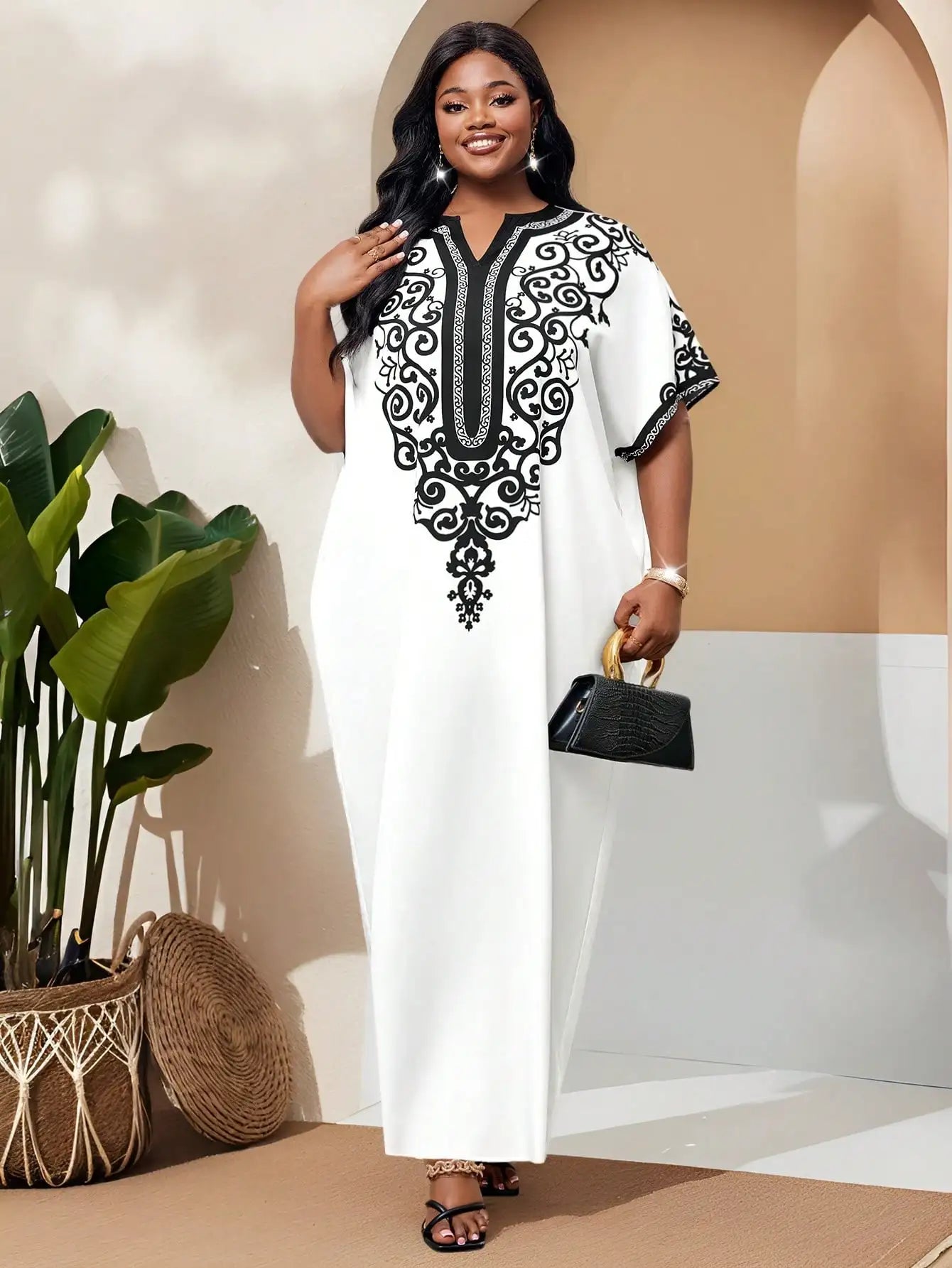 Women's White Kaftan Dress with Black Embroidery