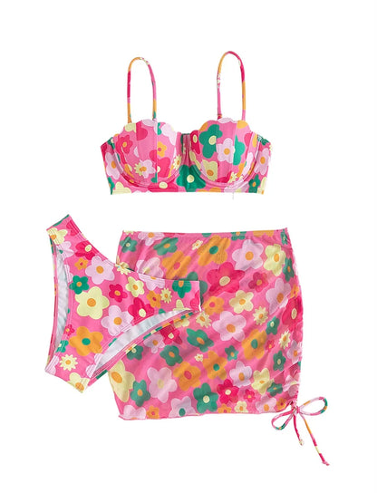 Women 3pcs Swimsuit Set Floral Sleeveless