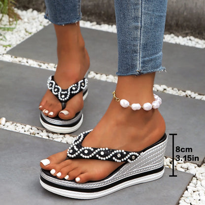 Women'S High Heel Wedge Sandals Platform Fashionable Flip Flops Decoration Rhinestones Popular Among Girls Bohemian Slippers