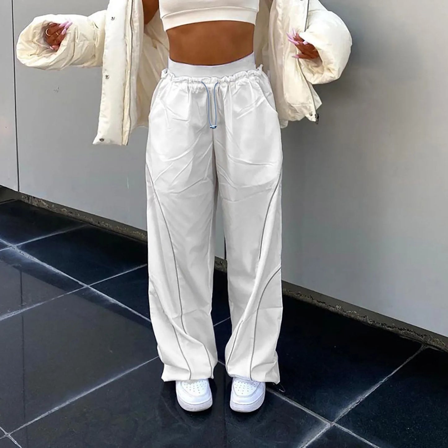 Y2K Techwear Sweatpants Women Streetwear Korean Hip Hop Harajuku High Waist Pants Oversized White Wide Leg Joggers Trousers
