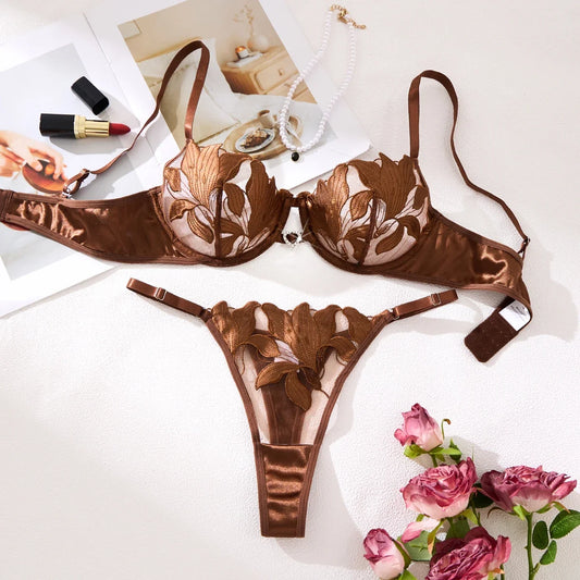 Embroidered Print Pajama Set Women, Sexy Bra