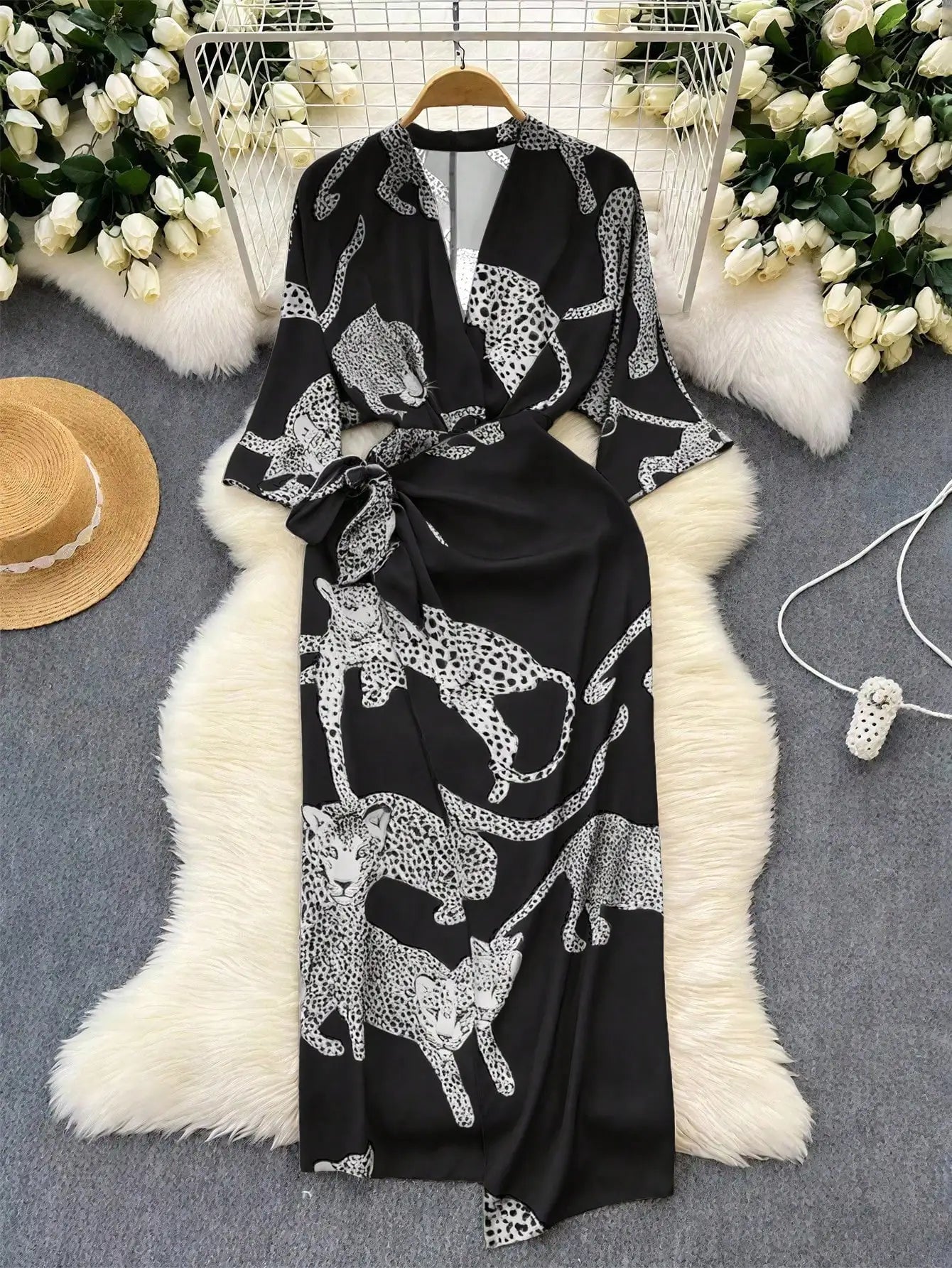 Women's V-Neck Leopard Print Long Sleeve Midi Dress